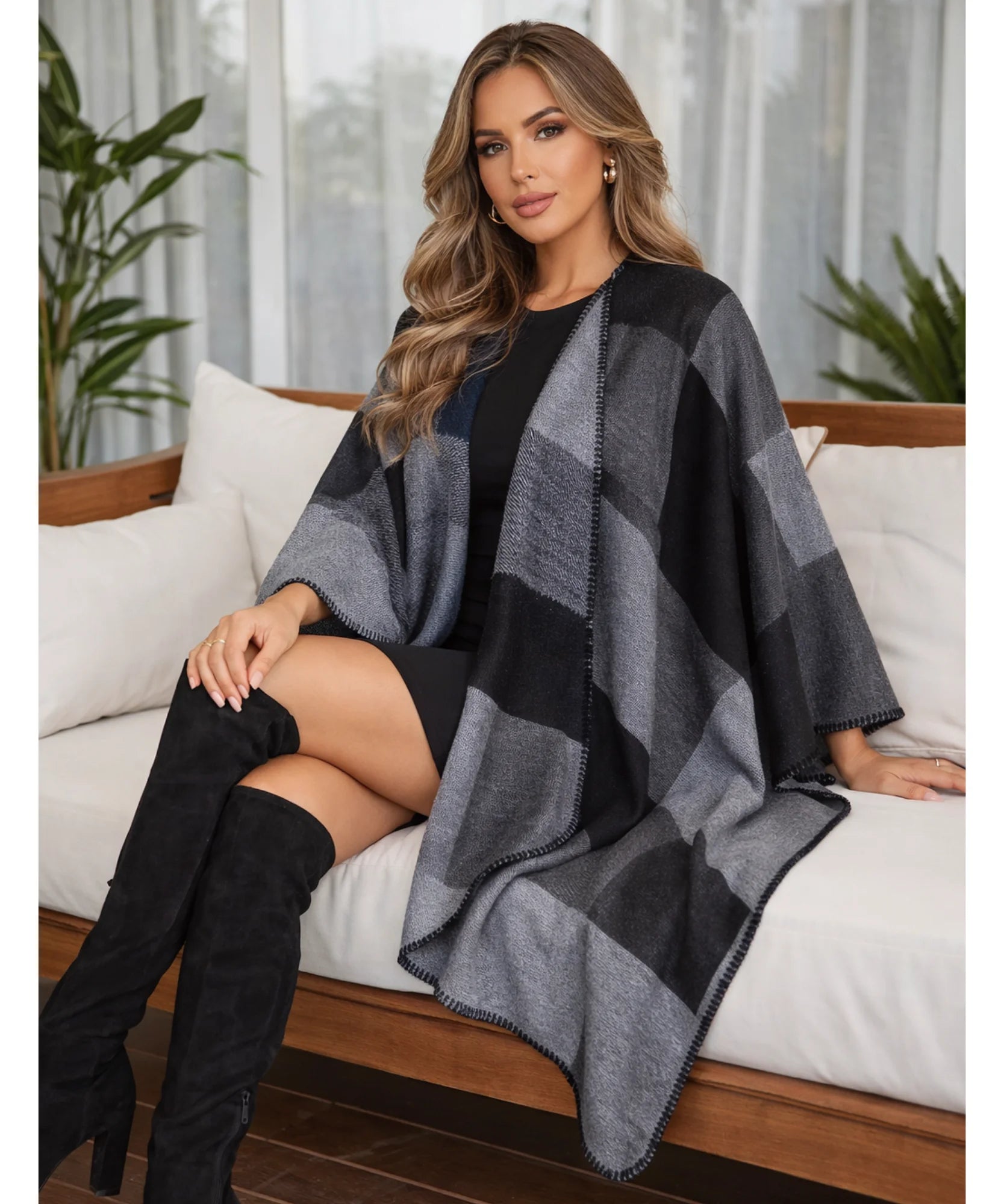 Comprar poncho feminino xale oversized estampa geométrica inverno promoção ANELLIMN