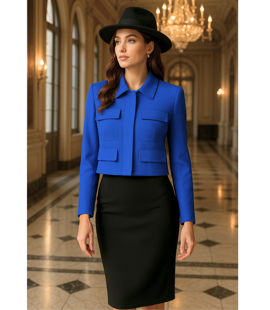 Comprar Blazer Feminino Alfaiataria Cropped Elegante com Bolsos Azul ZARA
