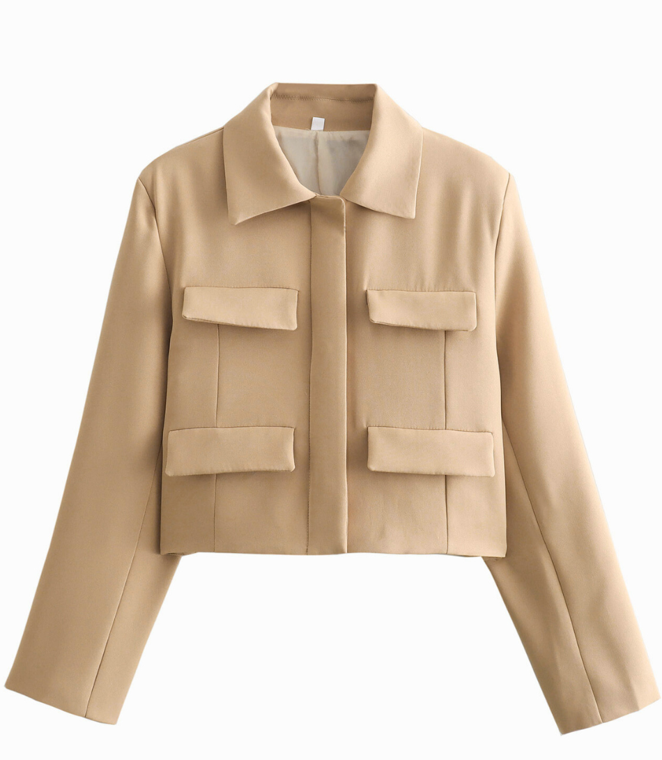 Comprar Blazer Feminino Alfaiataria Cropped Elegante com Bolsos Nude ZARA
