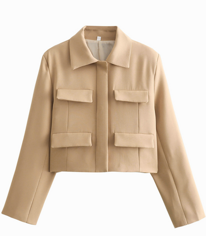Comprar Blazer Feminino Alfaiataria Cropped Elegante com Bolsos Nude ZARA
