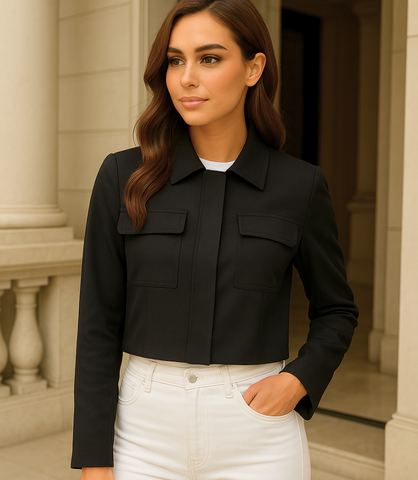 Comprar Blazer Feminino Alfaiataria Cropped Elegante com Bolsos Preto ZARA
