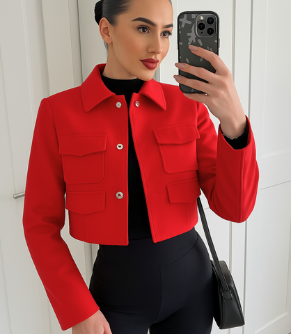 Comprar Blazer Feminino Alfaiataria Cropped Elegante com Bolsos Vermelho ZARA
