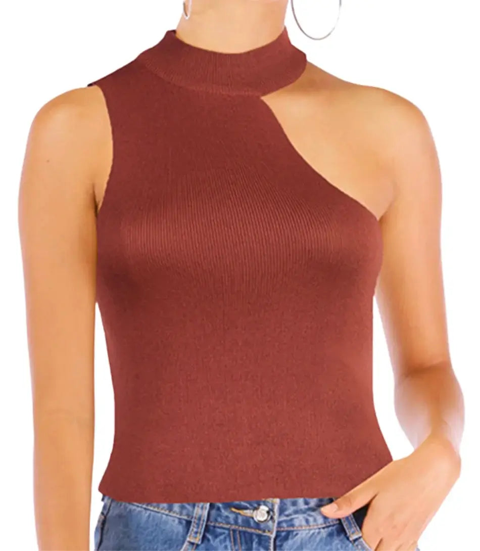 Blusa Feminina Assimétrica Gola Alta Canelada com design moderno, tecido ajustado e elegância para diversas ocasiões.