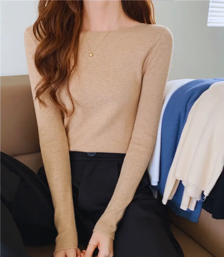 Blusa Feminina Básica de Tricot Manga Longa da Anellimn, estilo minimalista, corte ajustado e conforto para todas as estações.