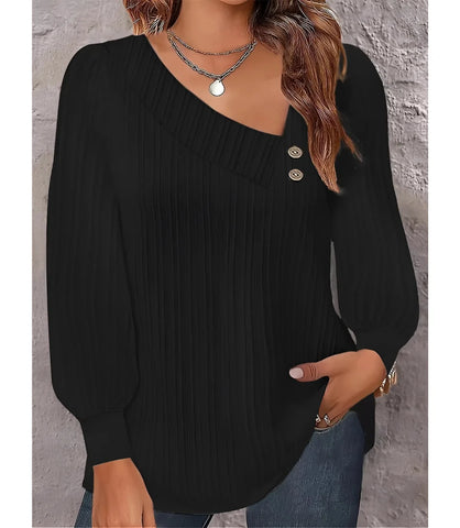 Blusa feminina plissada com botões no ombro, design elegante, mangas bufantes e decote assimétrico, ideal para looks sofisticados.