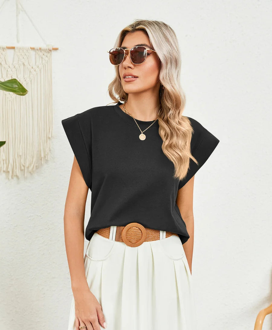 Blusa Muscle Tee Básica com estilo clássico, ajuste solto, tecido broadcloth, mangas curtas e caídas, decote O-pescoço, perfeita para qualquer ocasião.