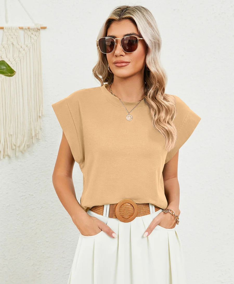 Blusa Muscle Tee Básica com estilo clássico, ajuste solto, tecido broadcloth, mangas curtas e caídas, decote O-pescoço, perfeita para qualquer ocasião.