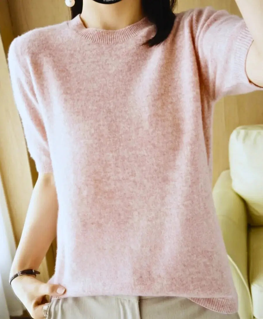 Blusa de tricô feminina meia manga com decote redondo, tecido de lã merino e algodão, alta elasticidade. Perfeita para primavera e verão. Anellimn