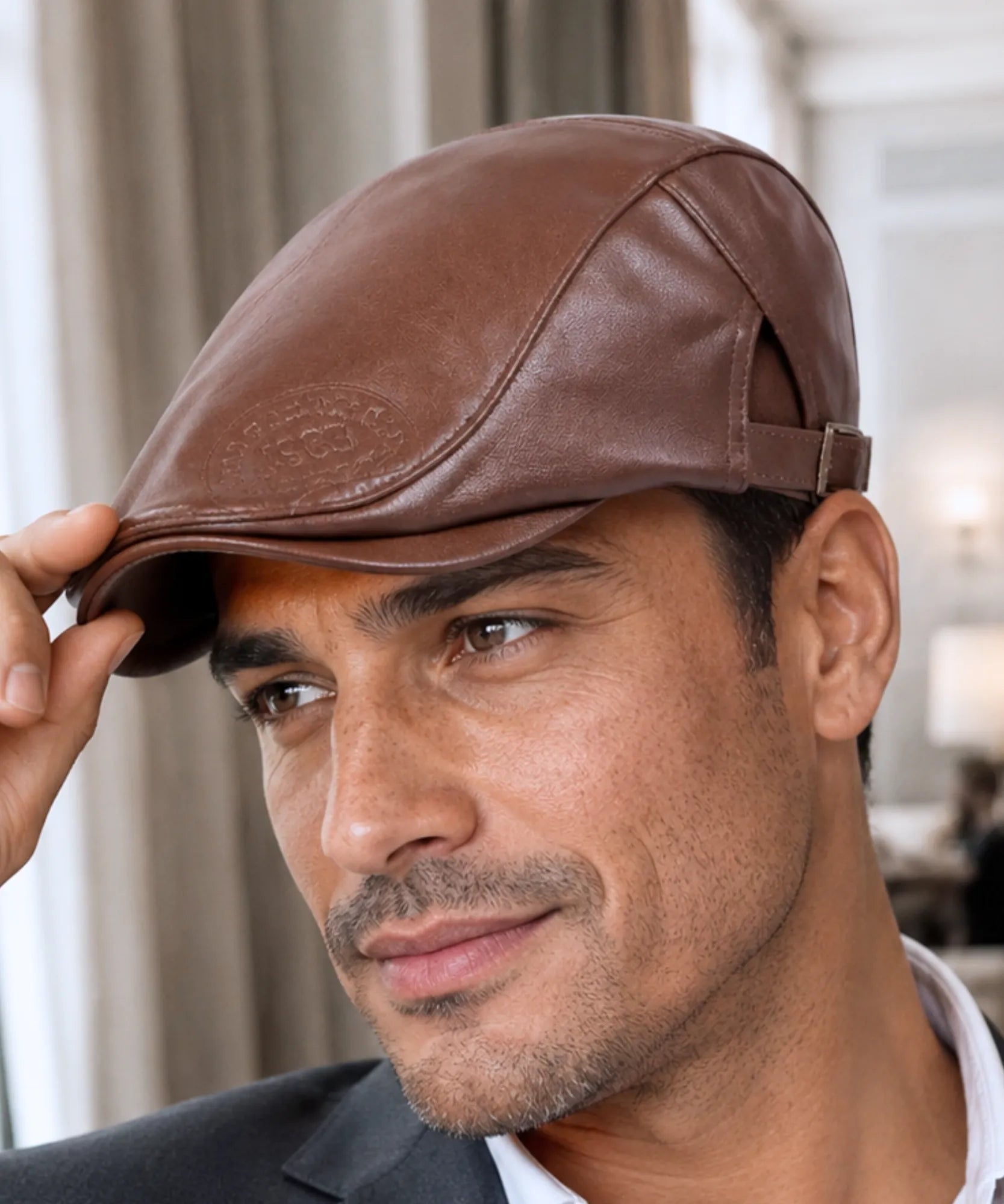 Comprar boina masculina de couro sintético com ajuste lateral e design estilo inglês clássico para looks urbanos ou sociais em promoção Anellimn
