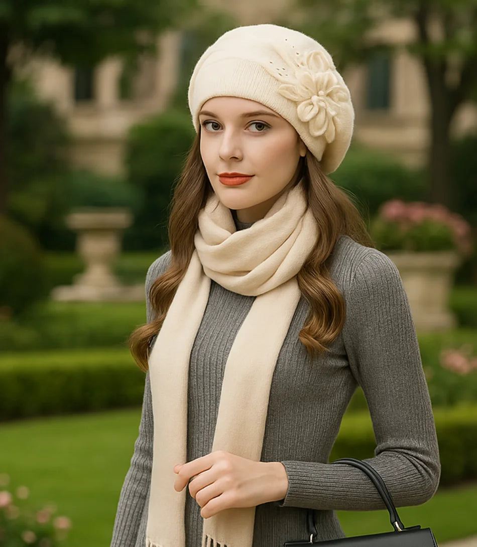 Boina feminina de tricô elegante com flor lateral, perfeita para compor looks sofisticados em dias frios, disponível em várias cores.
