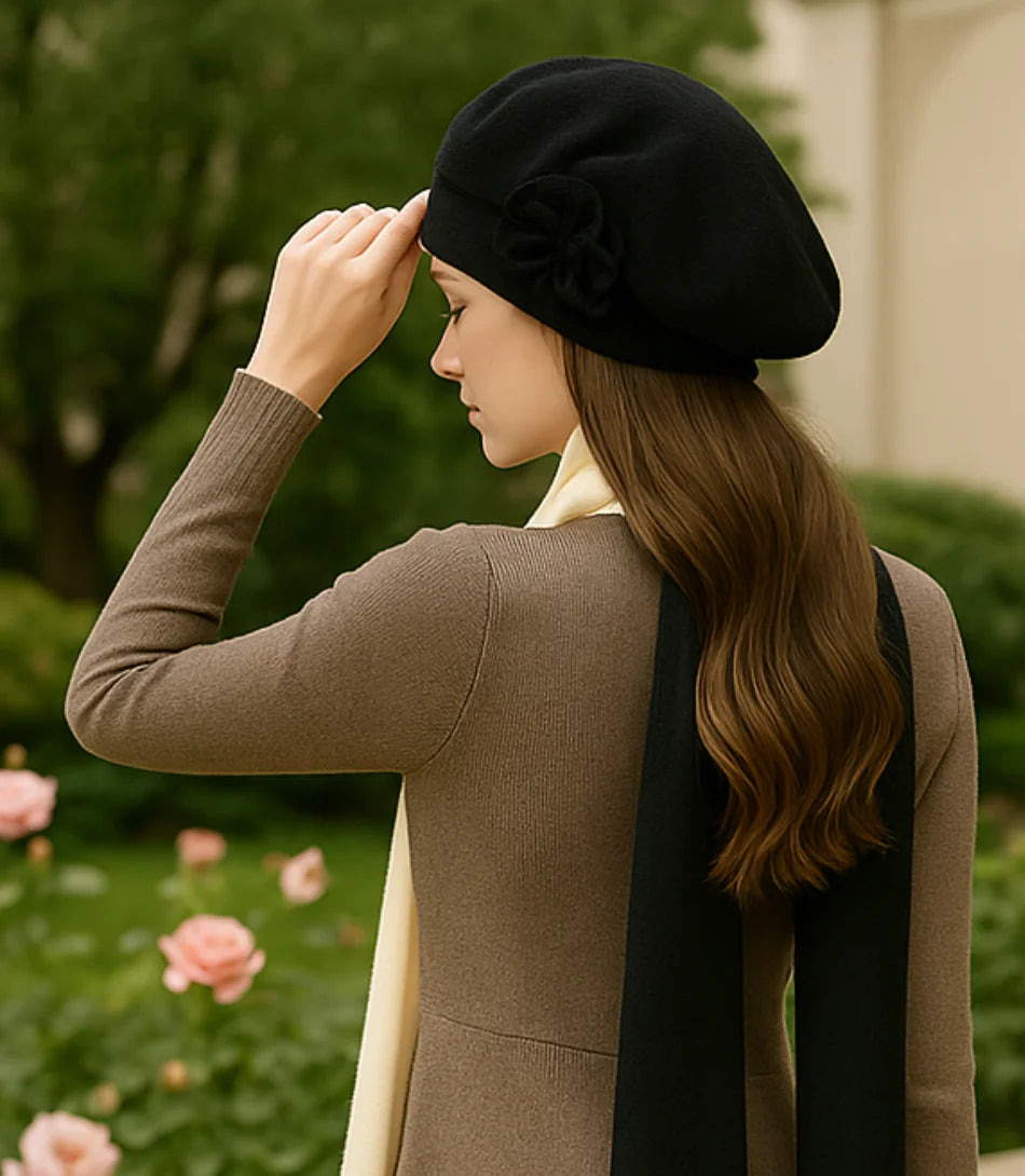 Comprar Boina Feminina preto elegante em Lã Com Flor barato ANELLIMN
