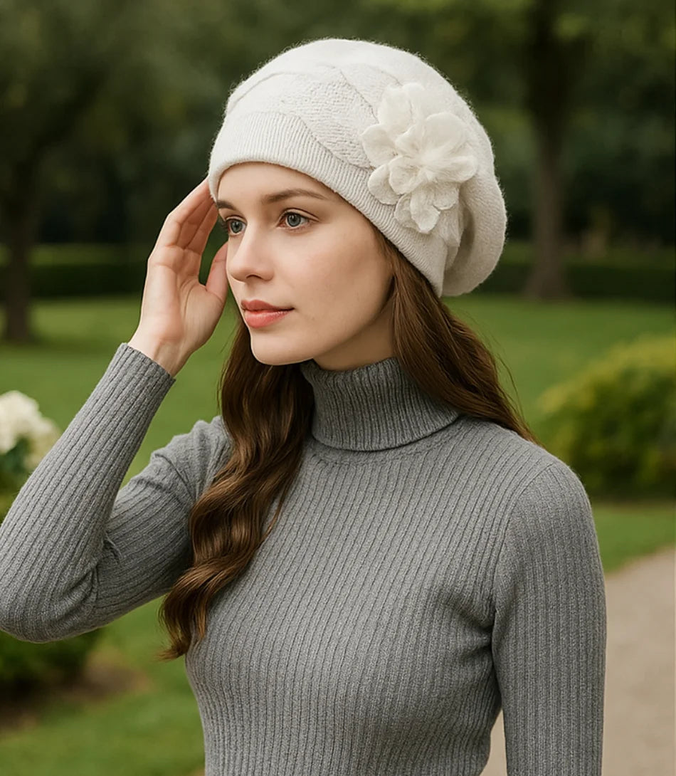 Comprar Boina Feminina branca elegante em Lã Com Flor barato ANELLIMN
