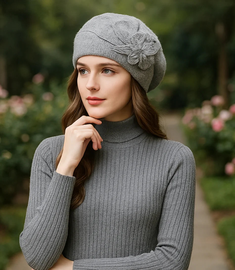 Comprar Boina Feminina Cinza Elegante em Lã Com Flor barato ANELLIMN
