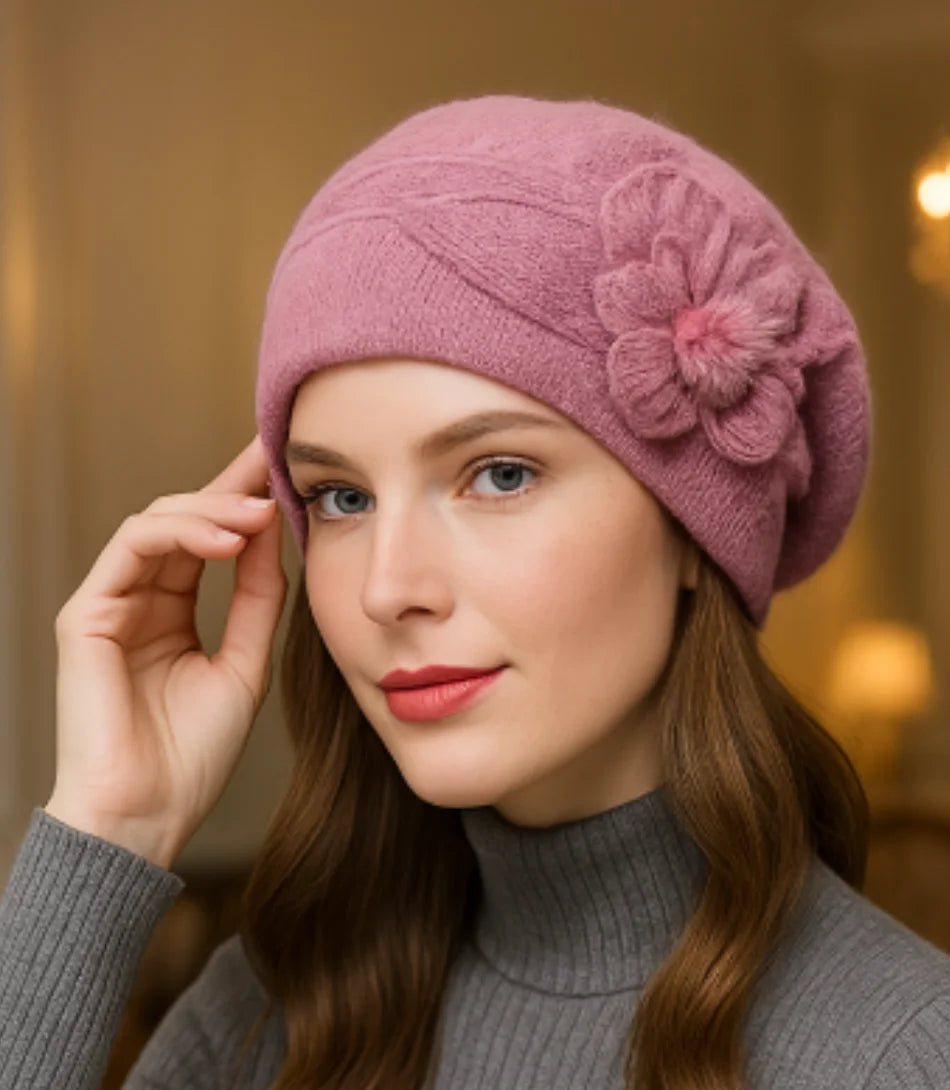 Comprar Boina Feminina rosa elegante em Lã Com Flor barato ANELLIMN
