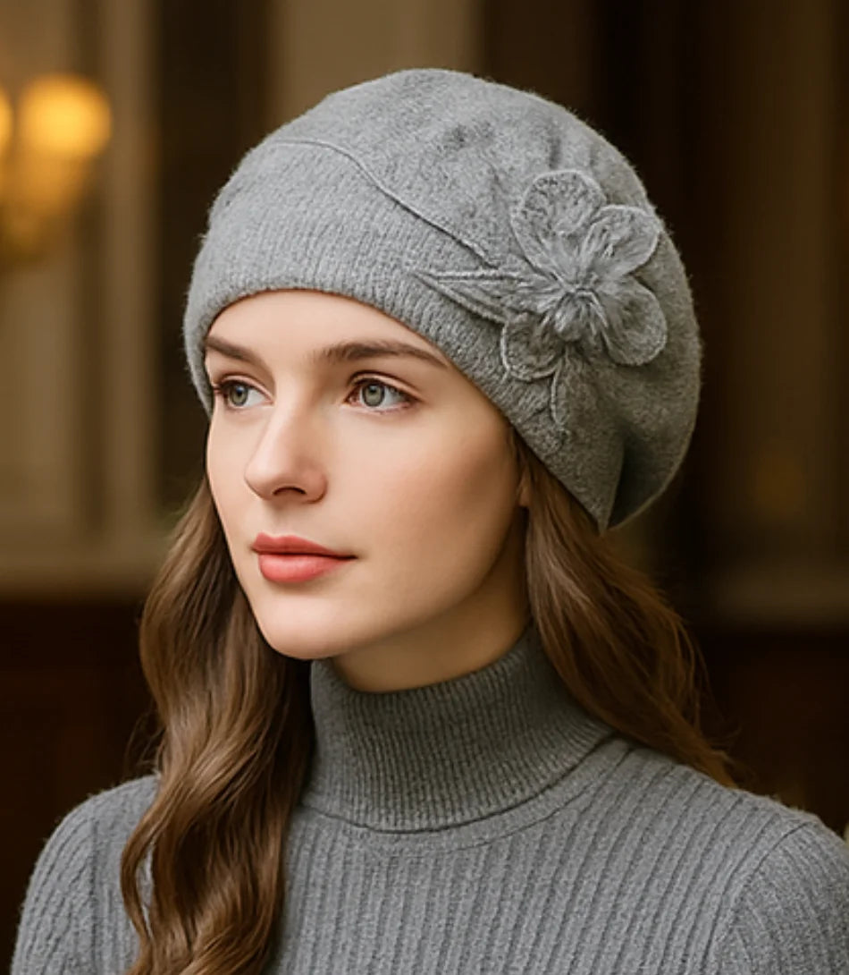 Comprar Boina Feminina Cinza Elegante em Lã Com Flor barato ANELLIMN
