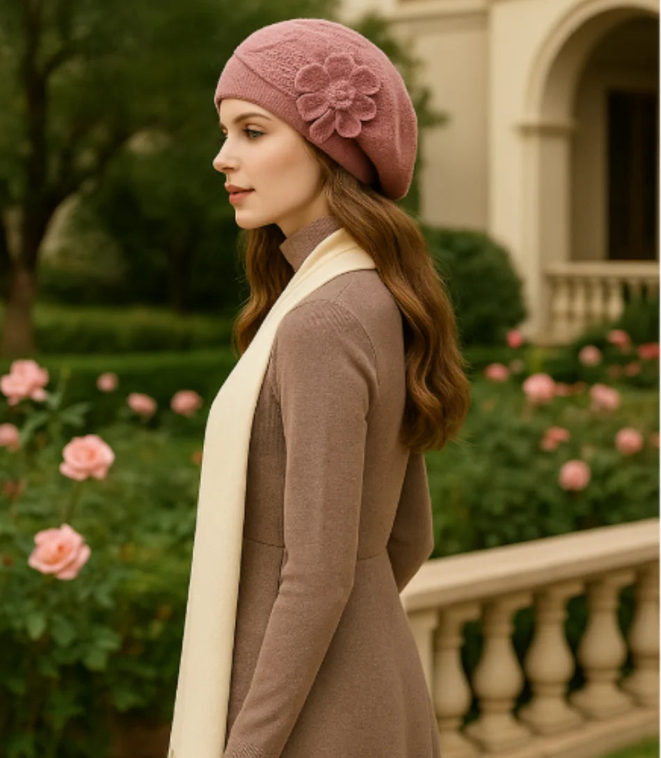 Comprar Boina Feminina rosa Elegante em Lã Com Flor barato ANELLIMN
