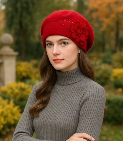 Boina Feminina Elegante em Lã Com Flor | Bêa