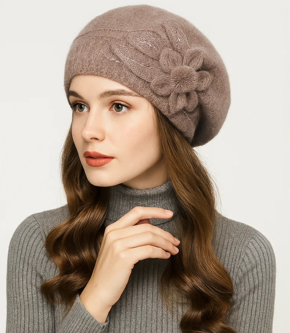 Comprar Boina Feminina marrom elegante em Lã Com Flor barato ANELLIMN
