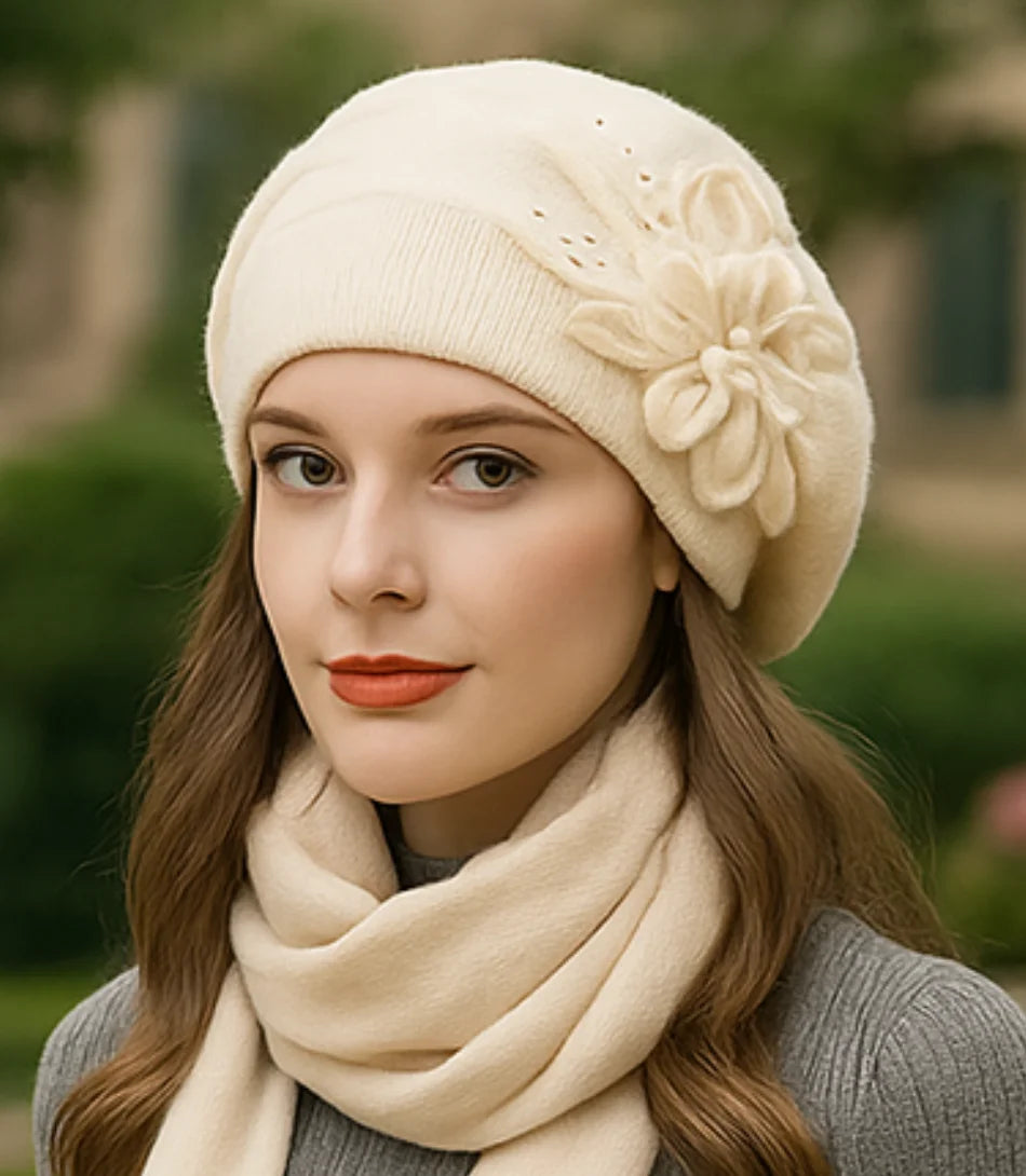 Boina feminina de tricô elegante com flor lateral, perfeita para compor looks sofisticados em dias frios, disponível em várias cores.