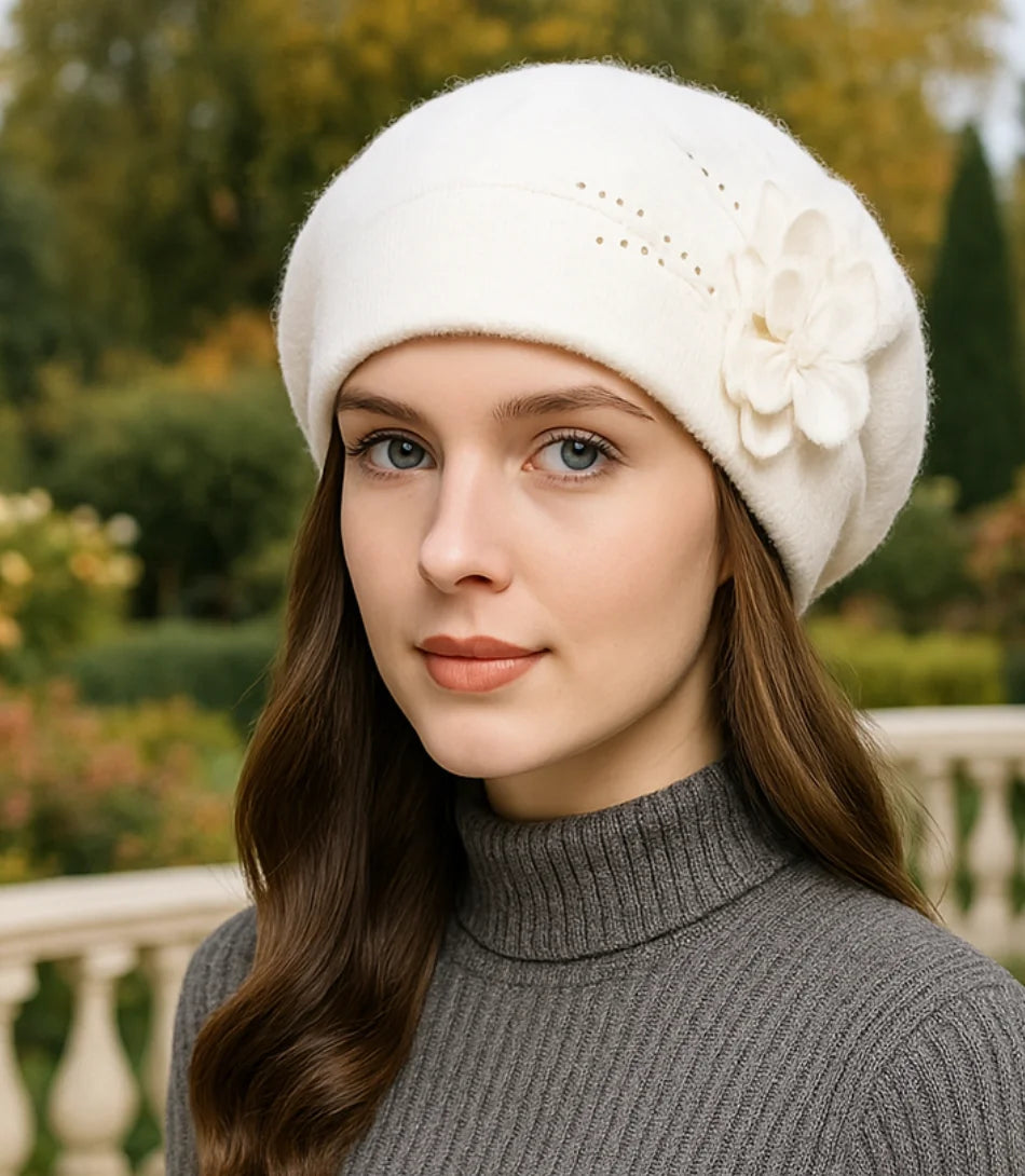 Comprar Boina Feminina branca elegante em Lã Com Flor barato ANELLIMN
