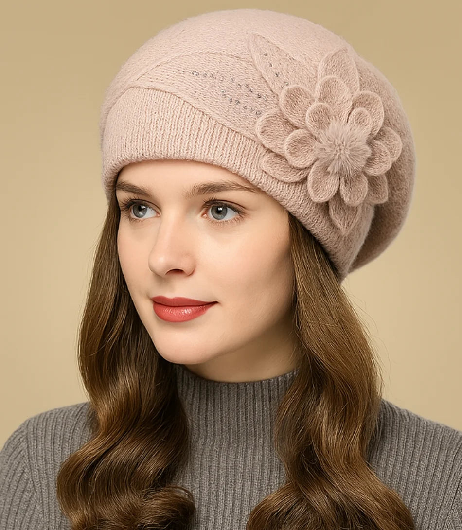 Comprar Boina Feminina bege elegante em Lã Com Flor barato ANELLIMN
