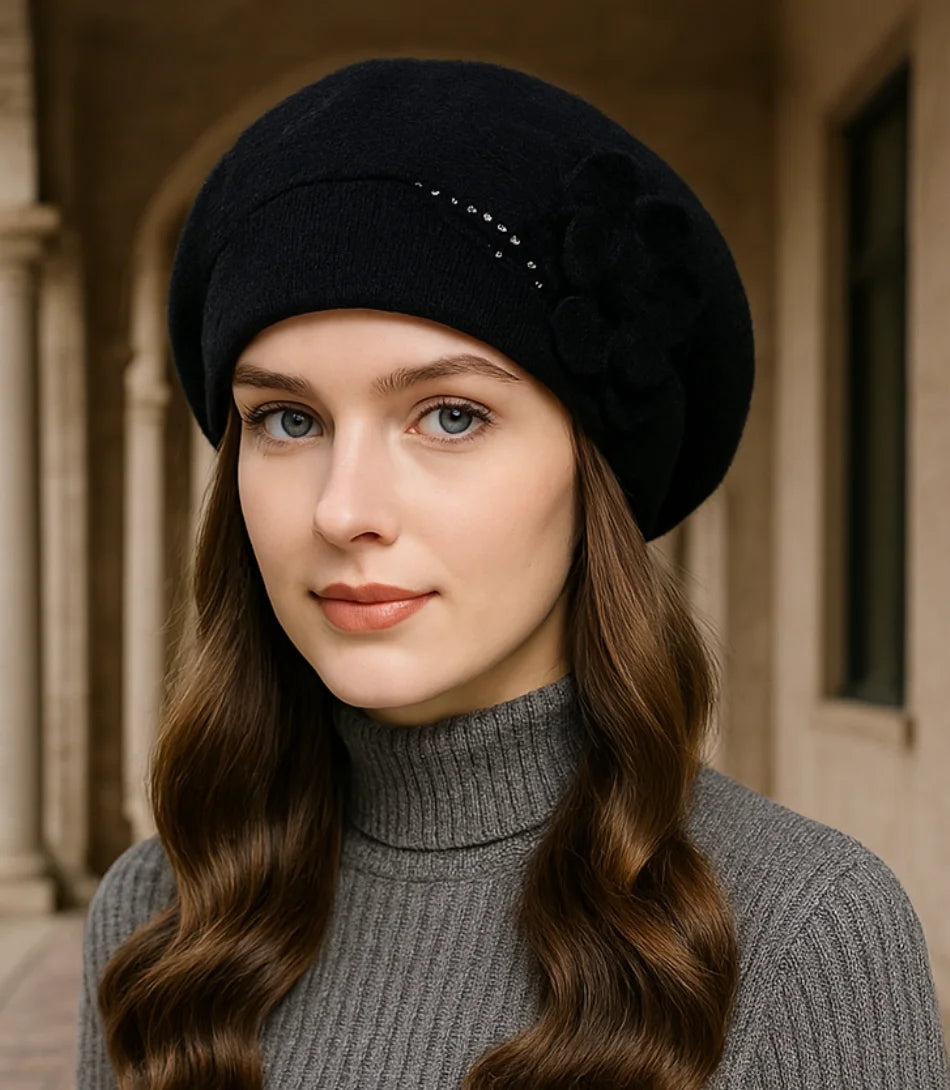 Comprar Boina Feminina preto elegante em Lã Com Flor barato ANELLIMN
