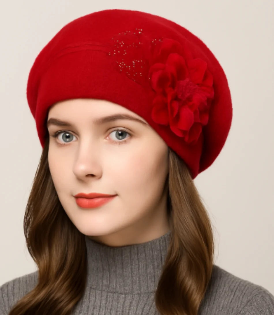 Comprar Boina Feminina vermelho elegante em Lã Com Flor barato ANELLIMN
