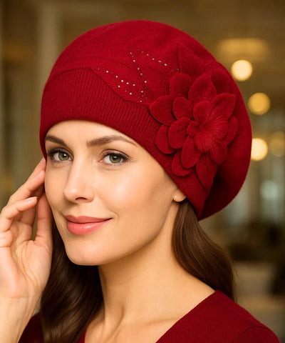 Comprar Boina Feminina Cinza Elegante em Lã Com Flor barato ANELLIMN
