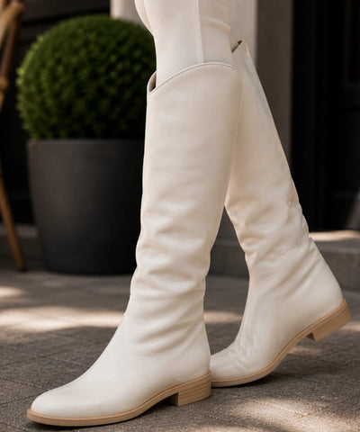 Comprar bota cano longo feminina de couro com recorte cavado elegante e bico fino para looks de inverno e meia estação ANELLIMN