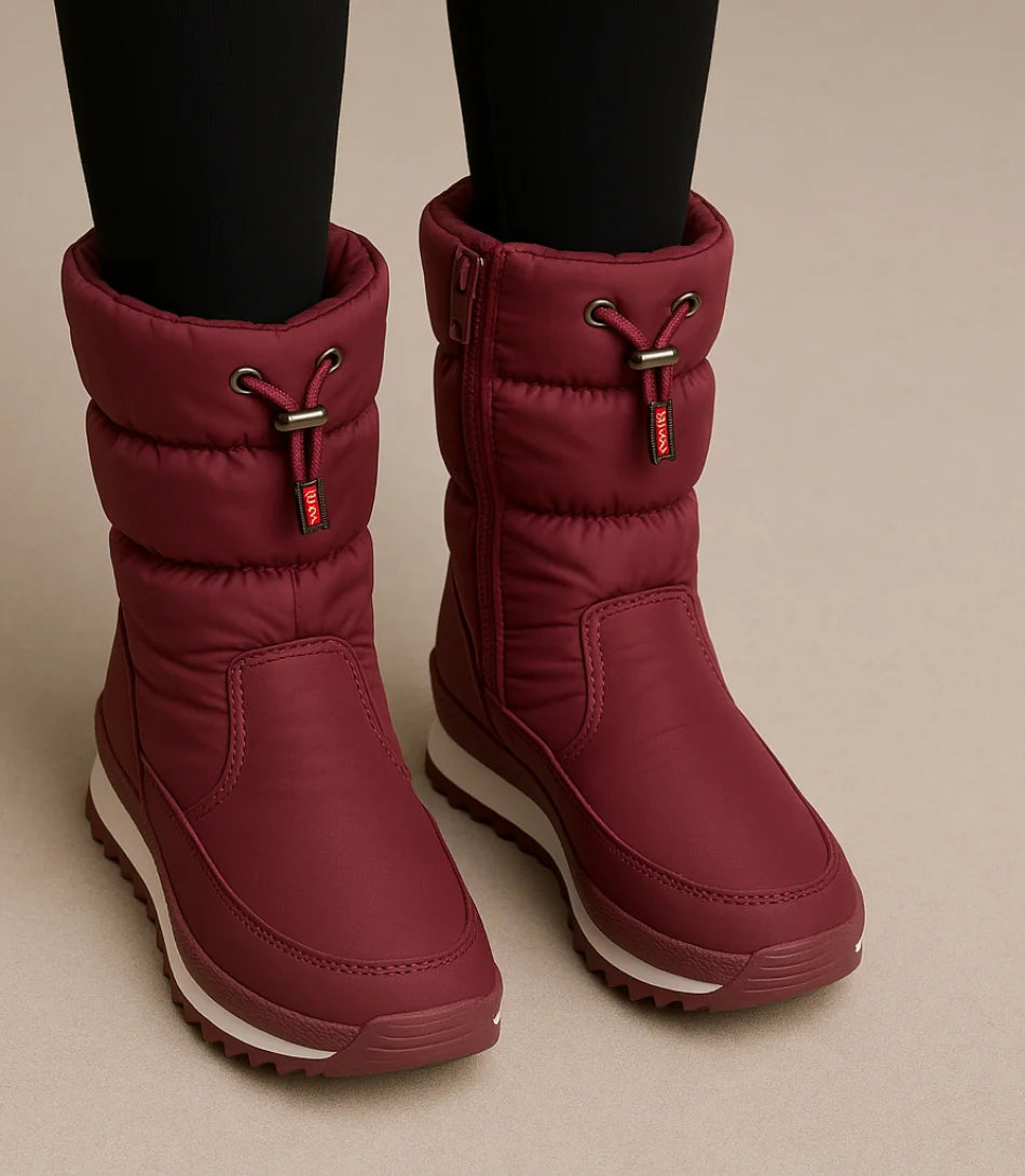 Bota Feminina Térmica Impermeável Cano Médio com forro acolchoado e solado antiderrapante, ideal para dias frios e chuvosos.