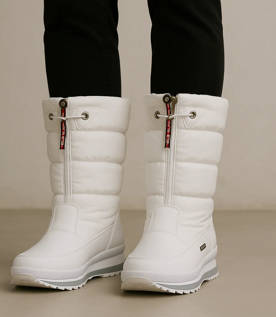 Bota Feminina Térmica Impermeável Cano Médio com forro acolchoado e solado antiderrapante, ideal para dias frios e chuvosos.