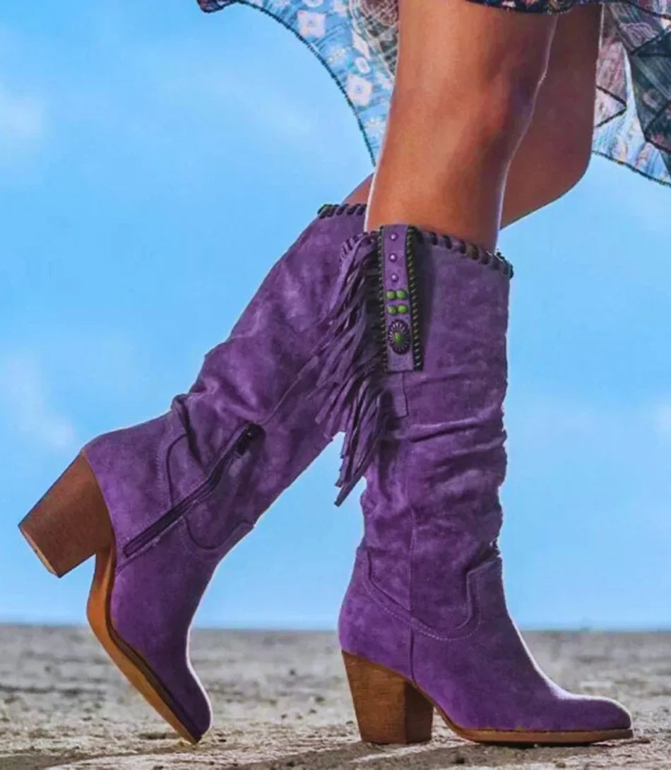 Botas Texanas Femininas Cowboy de camurça, salto quadrado e bico fino, tendência 2024.