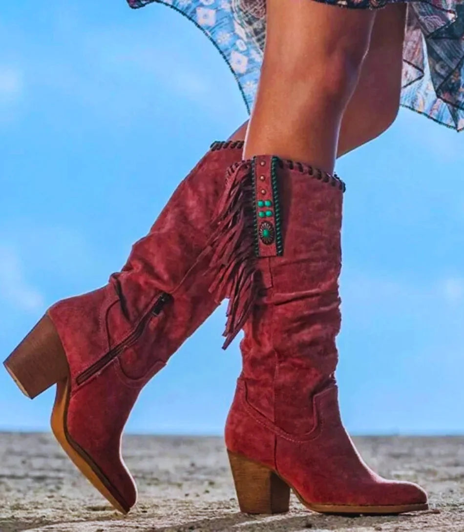 Botas Texanas Femininas Cowboy de camurça, salto quadrado e bico fino, tendência 2024.