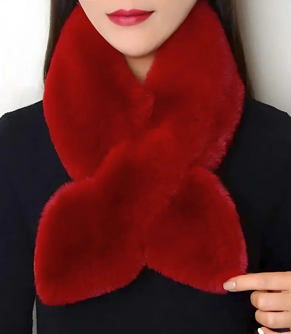 Cachecol feminino de pele sintética luxo, vermelho, elegante e macio, para ocasiões formais e uso casual no inverno.