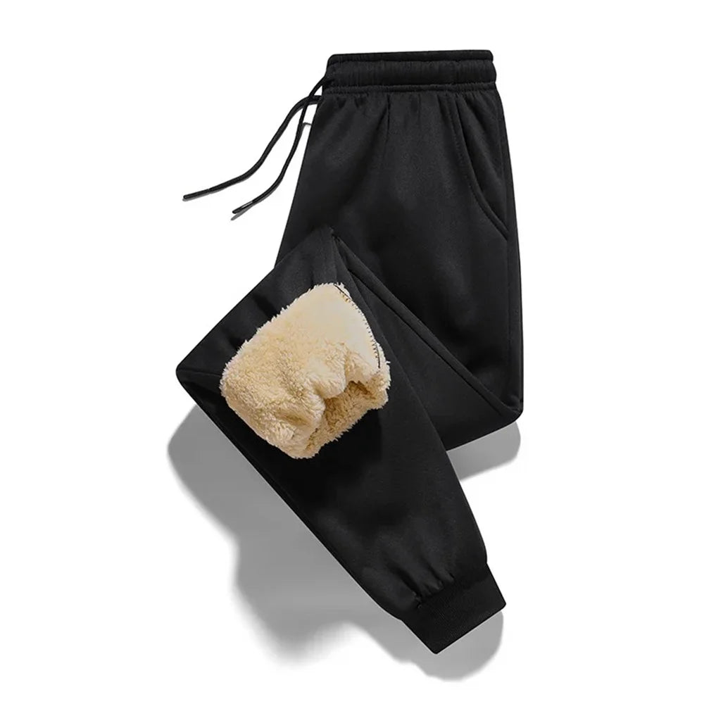 Calça térmica masculina flanelada de lã de cordeiro, ajuste confortável com cordão, ideal para o inverno.