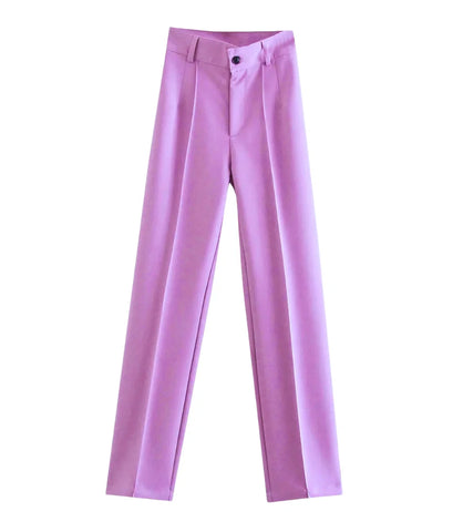 Calça feminina social de alfaiataria com cintura alta e corte reto, elegante e ideal para looks formais e casuais sofisticados.