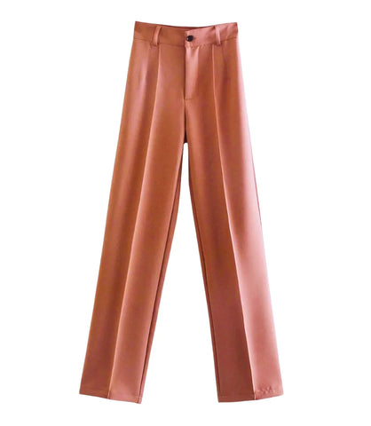 Calça feminina social de alfaiataria com cintura alta e corte reto, elegante e ideal para looks formais e casuais sofisticados.