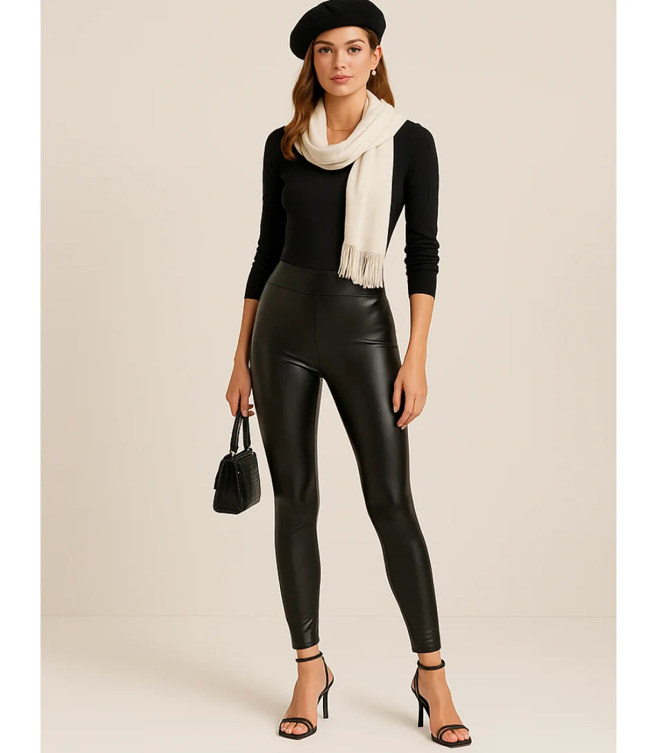 Calça legging feminina de couro térmica com forro, cintura alta, ideal para dias frios e looks elegantes.