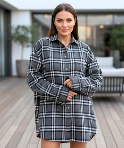 Camisa xadrez feminina oversized de flanela macia com bolsos e modelagem larga ANELLIMN