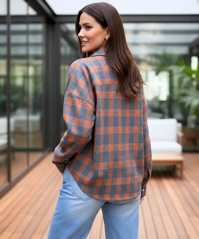 Camisa xadrez feminina oversized de flanela macia com bolsos e modelagem larga ANELLIMN