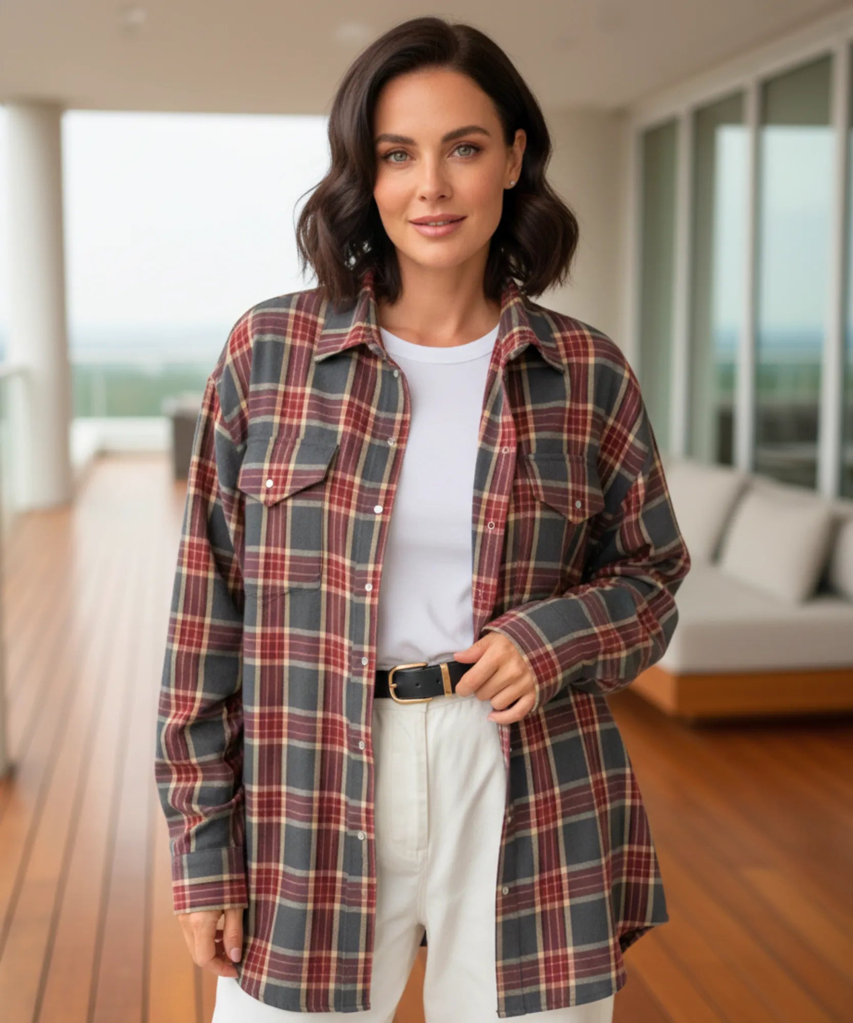 Camisa xadrez feminina oversized de flanela macia com bolsos e modelagem larga ANELLIMN