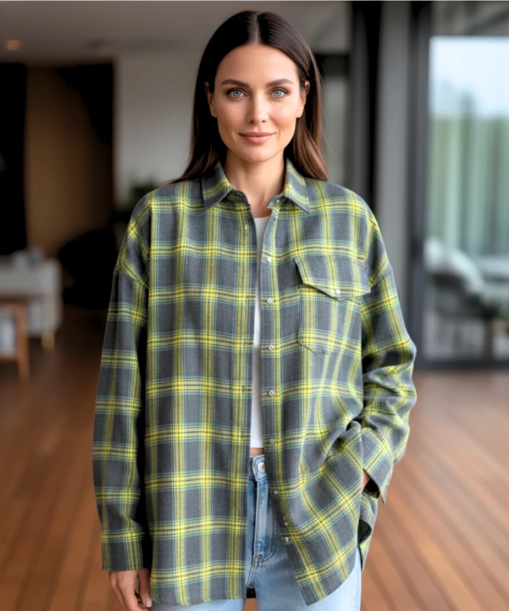 Camisa xadrez feminina oversized de flanela macia com bolsos e modelagem larga ANELLIMN