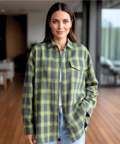 Camisa xadrez feminina oversized de flanela macia com bolsos e modelagem larga ANELLIMN