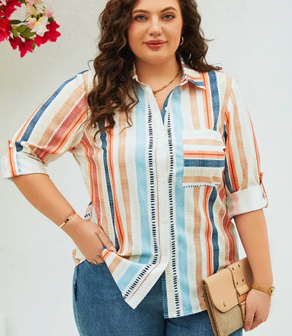 Camisa Feminina Plus Size Manga 3/4 Social Estampada | Aninha