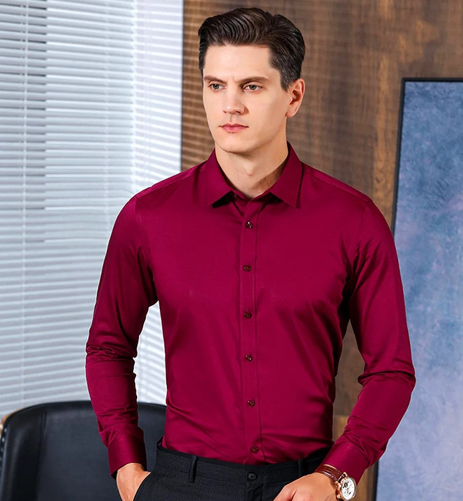 Camisa masculina slim fit elástica azul marinho da Anellimn, com tecido confortável e design moderno para diferentes ocasiões.