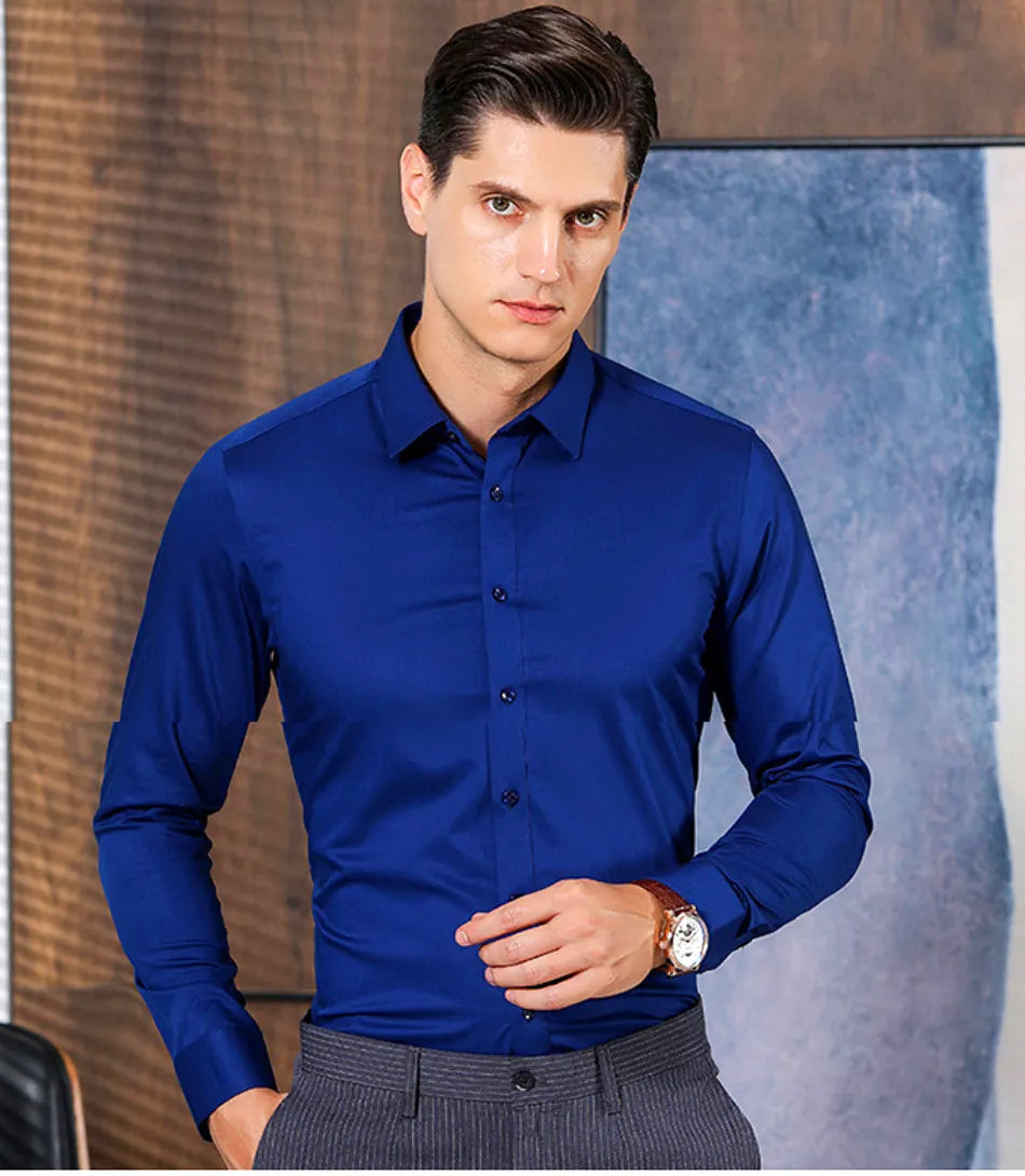 Camisa masculina slim fit elástica azul marinho da Anellimn, com tecido confortável e design moderno para diferentes ocasiões.