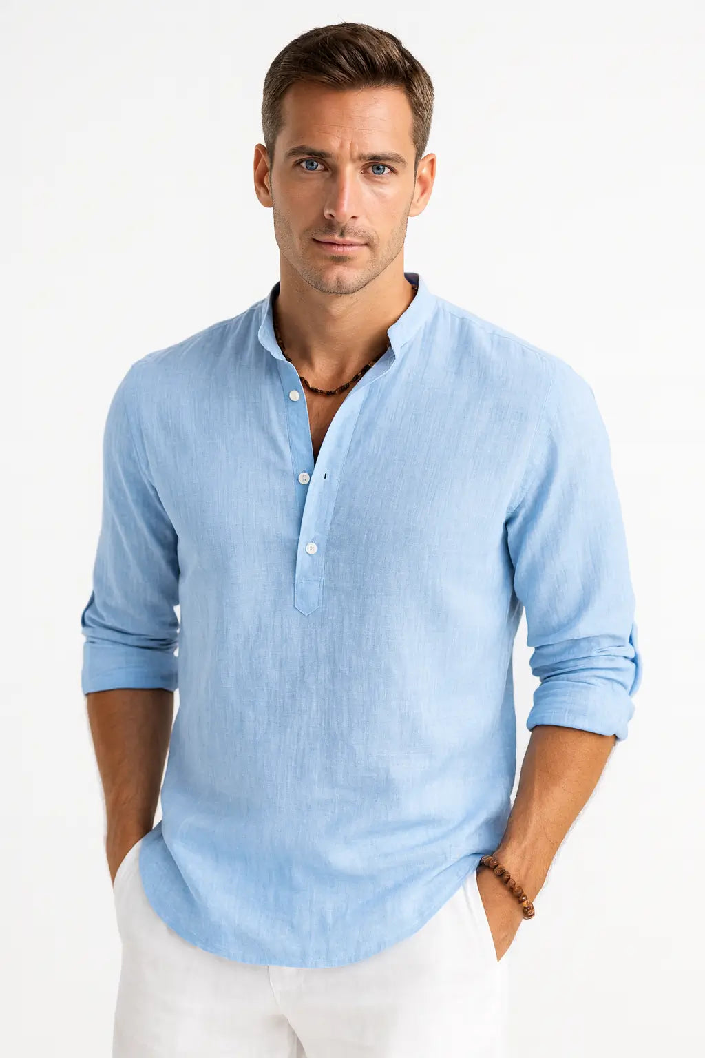Camisa Masculina Algodão Linho Casual Respirável Premium Azul Claro