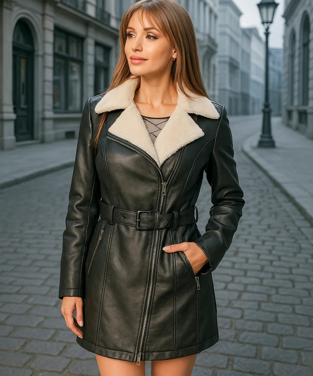 Casaco Feminino de Couro Sintético com forro de pelúcia, design moderno, ajuste com cinto e bolsos com zíper, ideal para dias frios.