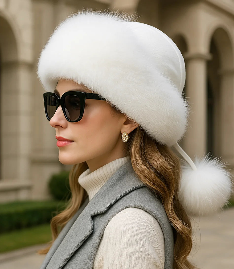 Chapéu Feminino de Inverno com Pelo Branco Anellimn