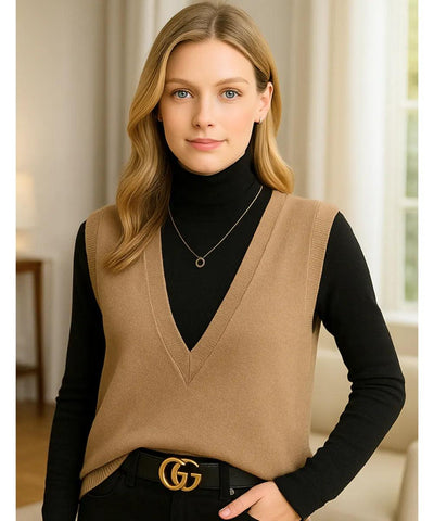 Comprar Colete feminino de tricot bege com gola V, estilo básico, ideal para sobreposições em looks formais e casuais, confortável e elegante em promoção ZARA
